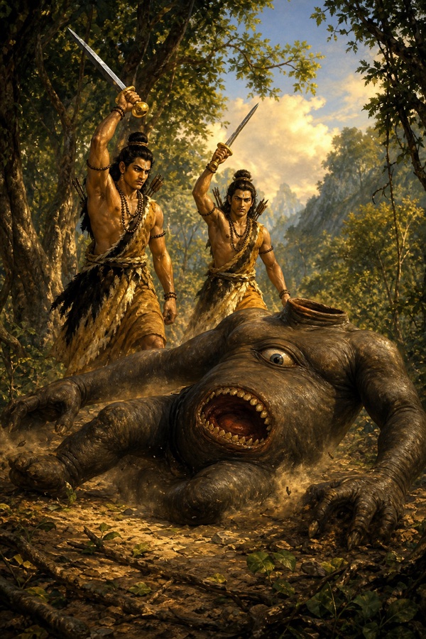 राम और लक्ष्मण तलवारें उठाकर भूमि पर गिरे विशालकाय कबंध पर वार करते हैं।