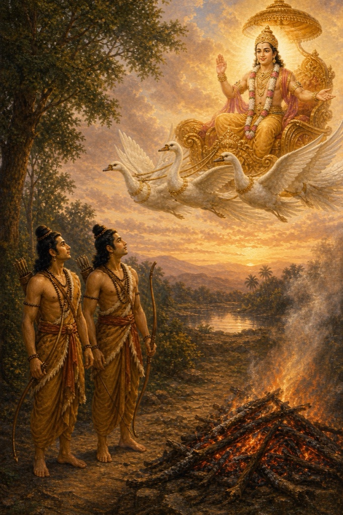 चिता के पास खड़े राम और लक्ष्मण हंसों वाले रथ पर आकाश जाते दिव्य पुरुष को देखते हैं।
