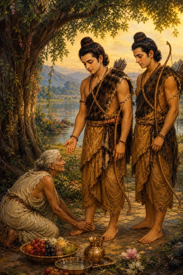 वृद्धा शबरी झुककर राम के चरण छूती हैं, पास फलों की टोकरी रखी है और लक्ष्मण खड़े हैं।