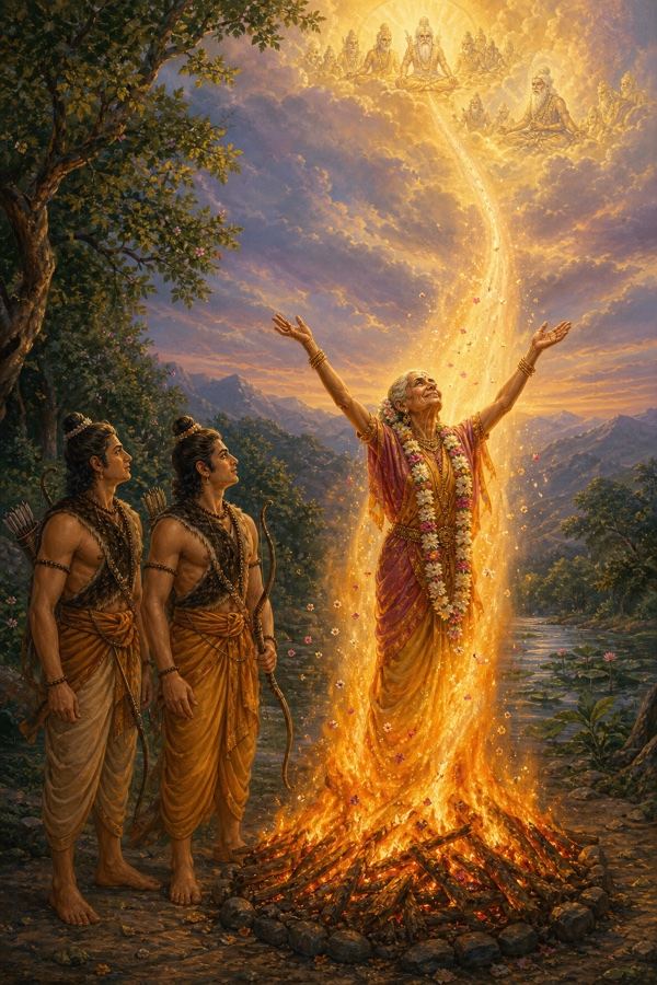शबरी बाँहें उठाए योग की अग्नि में देह त्यागकर ऊपर उठती हैं और राम लक्ष्मण देखते हैं।