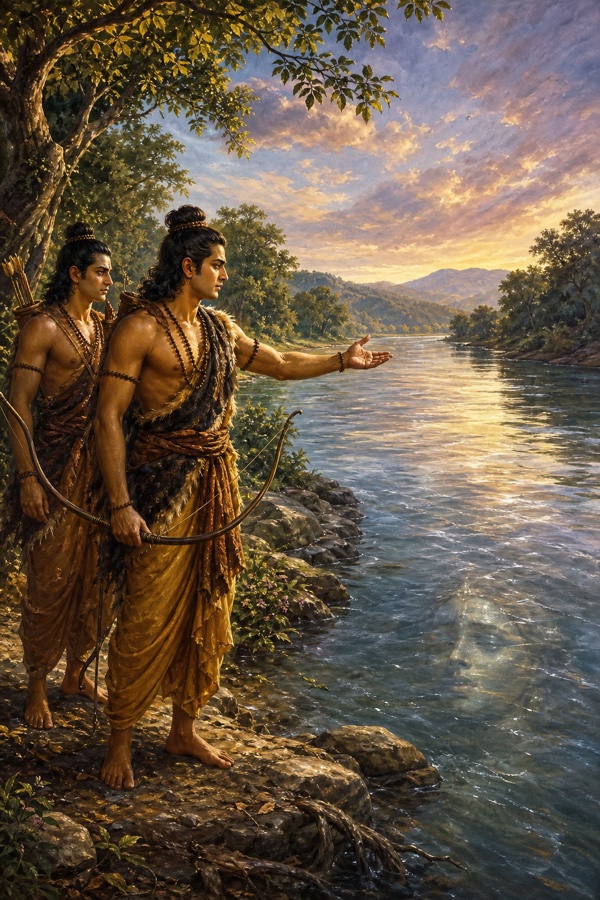 नदी तट पर लक्ष्मण के साथ खड़े राम जल की ओर बाँह बढ़ाते हैं, पानी में धुँधला मुख झलकता है।