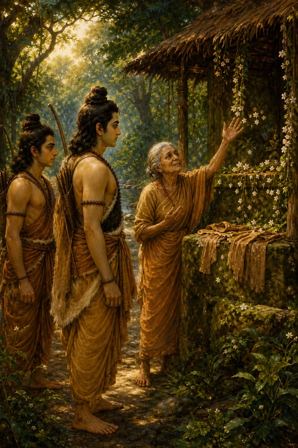 शबरी अपने आश्रम में फूलों से सजी बेलों की ओर हाथ उठाकर राम और लक्ष्मण को दिखाती हैं।
