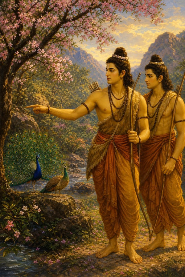 राम वन में नाचते मोर की ओर संकेत कर रहे हैं, पीछे लक्ष्मण धनुष लिए खड़े हैं।