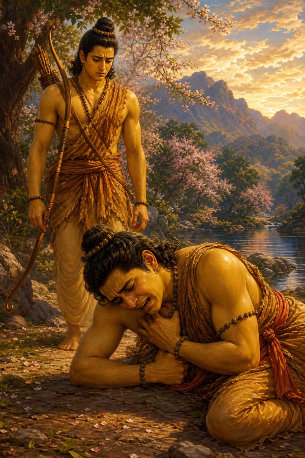 सीता के वियोग में व्याकुल राम भूमि पर झुके रो रहे हैं, पीछे लक्ष्मण चिंतित खड़े हैं।