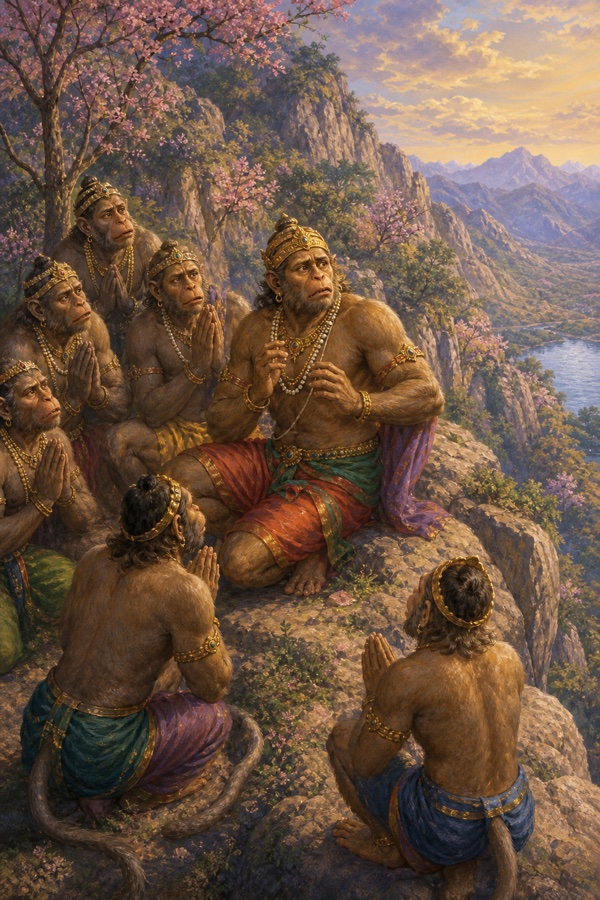 सुग्रीव पर्वत शिखर पर अपने वानर साथियों के बीच भयभीत बैठे मंत्रणा कर रहे हैं।