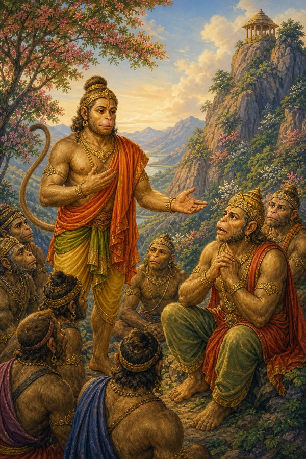 हनुमान खड़े होकर भयभीत सुग्रीव और वानर सभा को धैर्य बँधा रहे हैं।