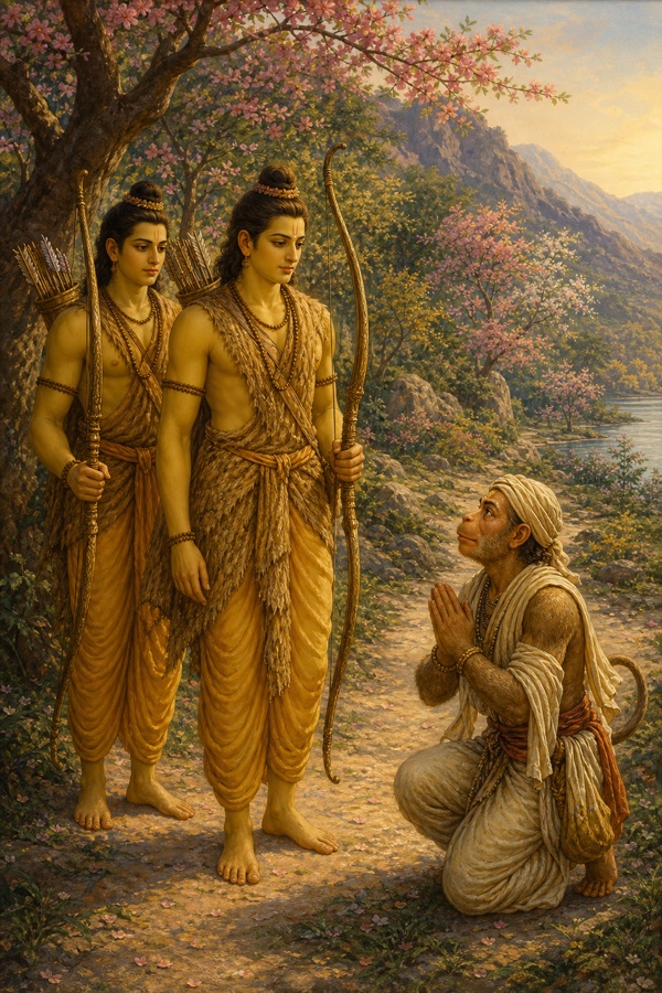भिक्षु वेश में हनुमान हाथ जोड़कर वन-पथ पर राम और लक्ष्मण के सम्मुख घुटने टेके बैठे हैं।
