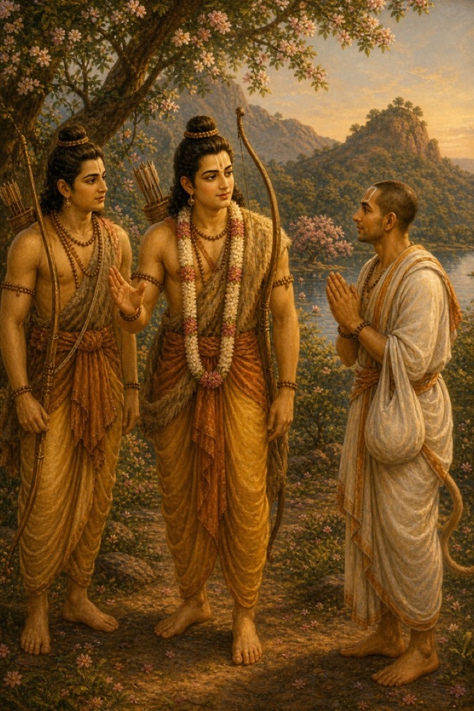 संन्यासी वेश धारी हनुमान हाथ जोड़े राम और लक्ष्मण से विनयपूर्वक वार्तालाप कर रहे हैं।