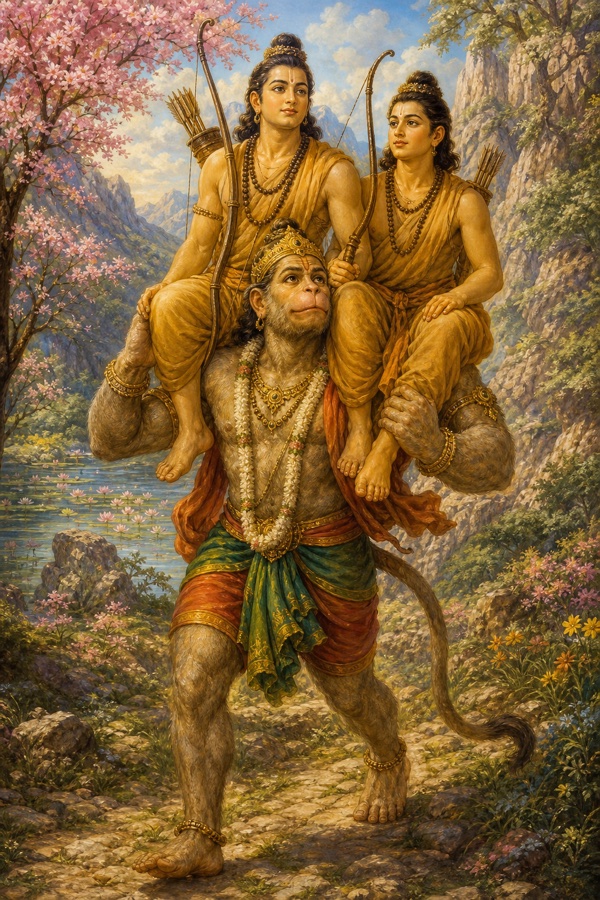 हनुमान राम और लक्ष्मण को अपने दोनों कंधों पर बिठाकर पर्वत मार्ग से ले जा रहे हैं।