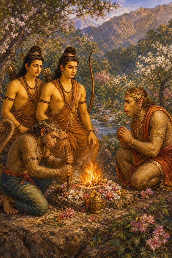 हनुमान अग्नि प्रज्वलित कर रहे हैं; राम, लक्ष्मण और हाथ जोड़े सुग्रीव यज्ञ-वेदी के पास बैठे हैं।