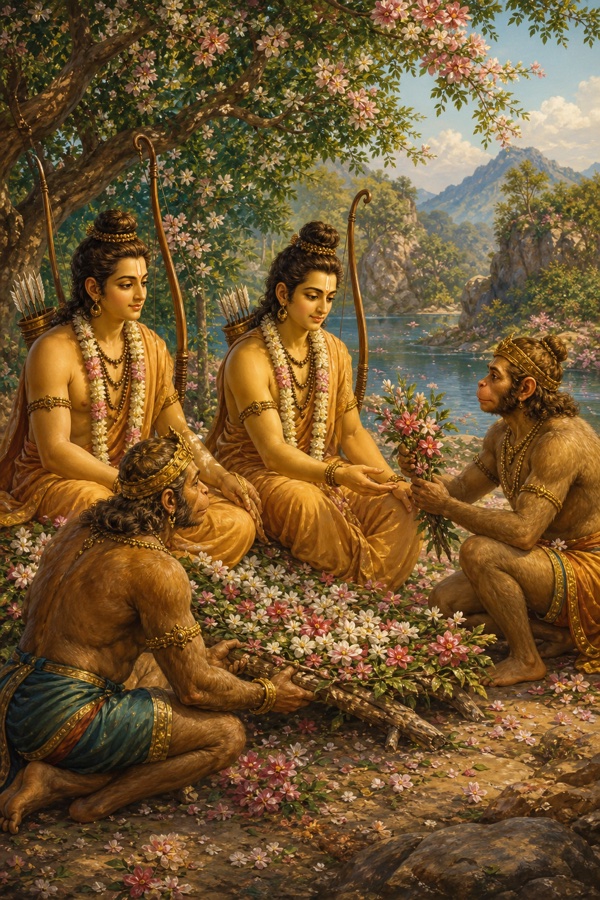 दो वानर बैठे हुए राम और लक्ष्मण को फूल भेंट कर उनका सत्कार कर रहे हैं।