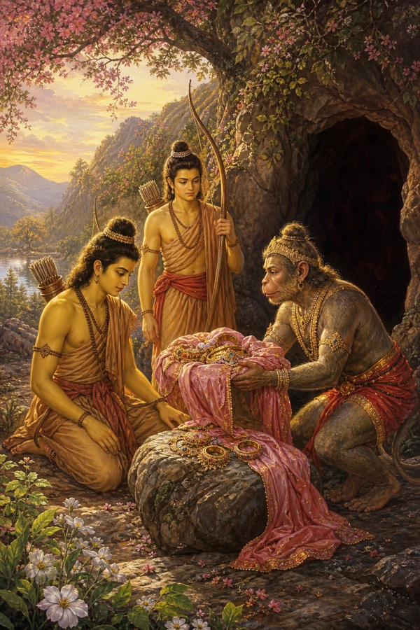 गुफा के पास सुग्रीव सीता के गिराए वस्त्र और आभूषण राम और लक्ष्मण को दिखा रहे हैं।