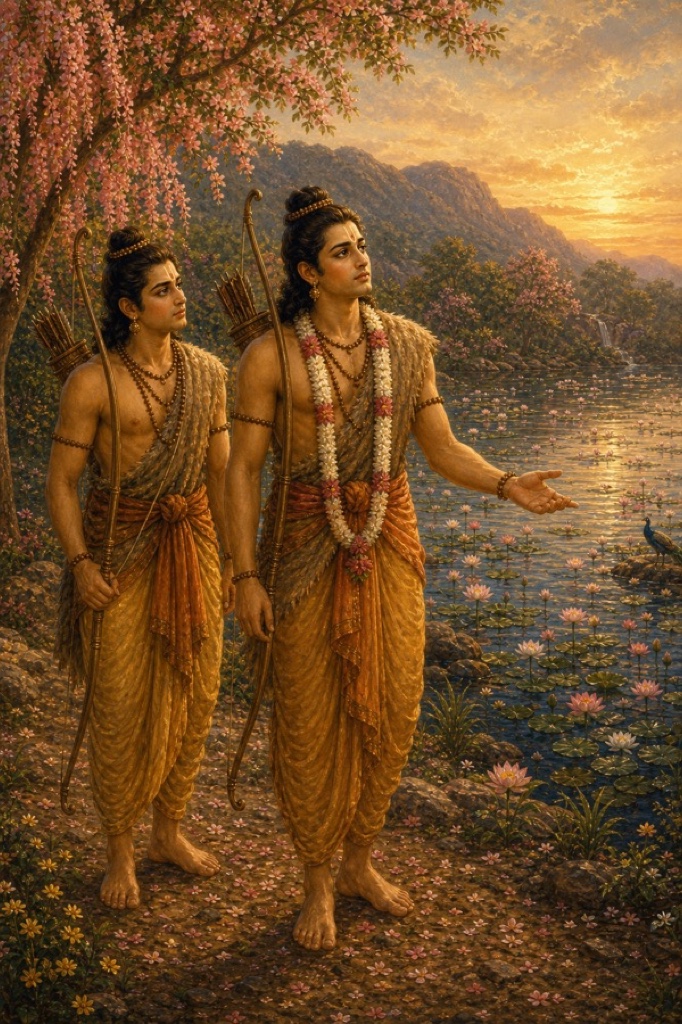 राम संध्या के समय कमल-सरोवर की ओर हाथ बढ़ाए लक्ष्मण के साथ तट पर खड़े हैं।