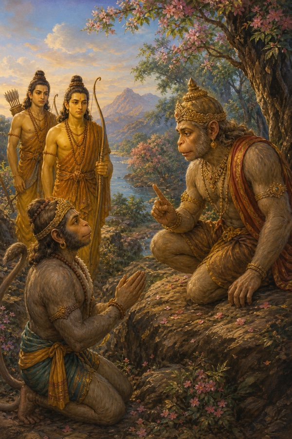 सुग्रीव ऊँची शिला पर बैठे हाथ जोड़े हनुमान से बात कर रहे हैं, पीछे राम-लक्ष्मण खड़े हैं।