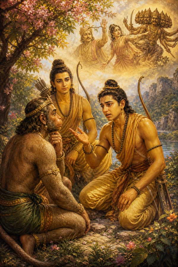 राम हनुमान को अपनी व्यथा सुना रहे हैं; आकाश में रावण द्वारा सीता-हरण का दृश्य उभरा है।