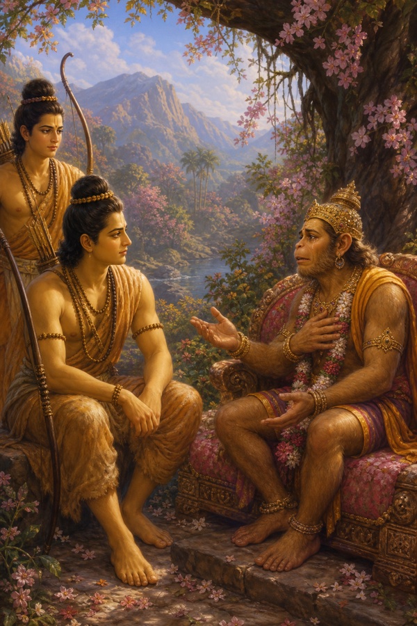 राम शिला पर और सुग्रीव आसन पर बैठे परस्पर वार्तालाप कर रहे हैं; पीछे लक्ष्मण धनुष लिए खड़े हैं।