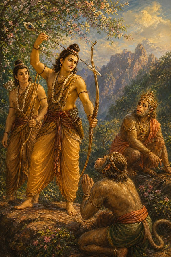राम बाण उठाकर वचन दे रहे हैं; सुग्रीव और एक वानर श्रद्धा से उन्हें देख रहे हैं।