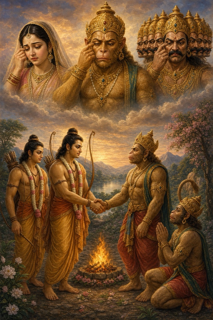राम और सुग्रीव अग्नि के समक्ष हाथ मिलाकर मित्रता जोड़ रहे हैं; ऊपर शोकाकुल सीता और रावण दिखते हैं।