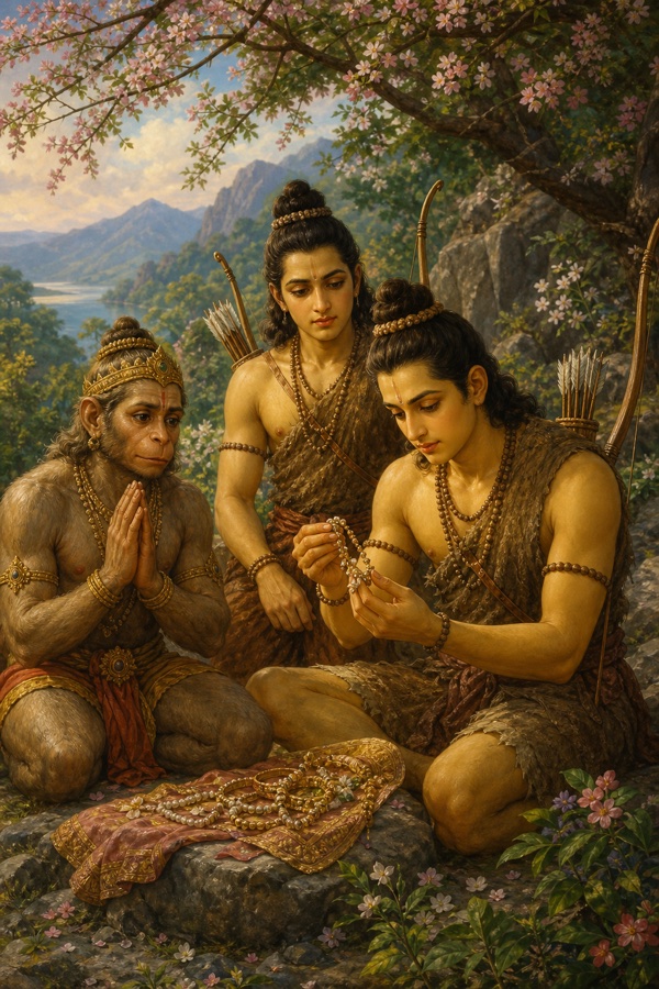 राम और लक्ष्मण वस्त्र पर रखे सीता के आभूषण पहचानने का यत्न कर रहे हैं; वानर हाथ जोड़े बैठा है।
