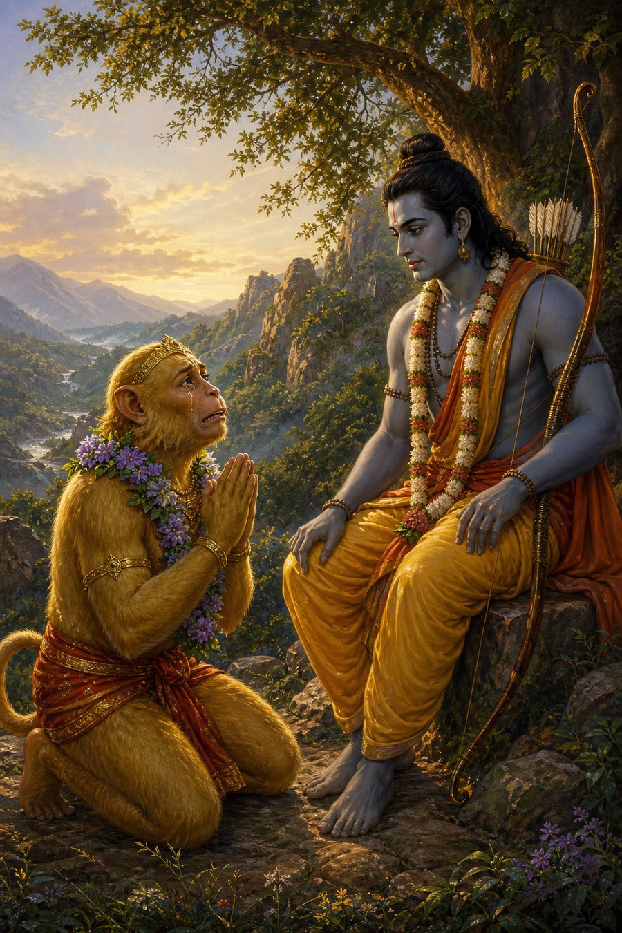 सुग्रीव आँसू भरी आँखों से हाथ जोड़कर शिला पर बैठे राम को अपनी व्यथा सुना रहे हैं।