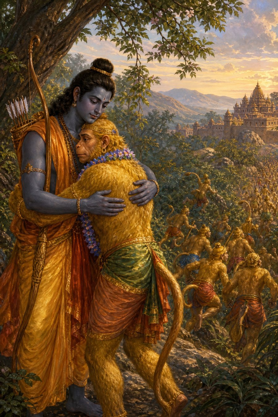 राम सुग्रीव को स्नेह से गले लगा रहे हैं; पीछे वानर दल किष्किंधा नगरी की ओर बढ़ रहा है।