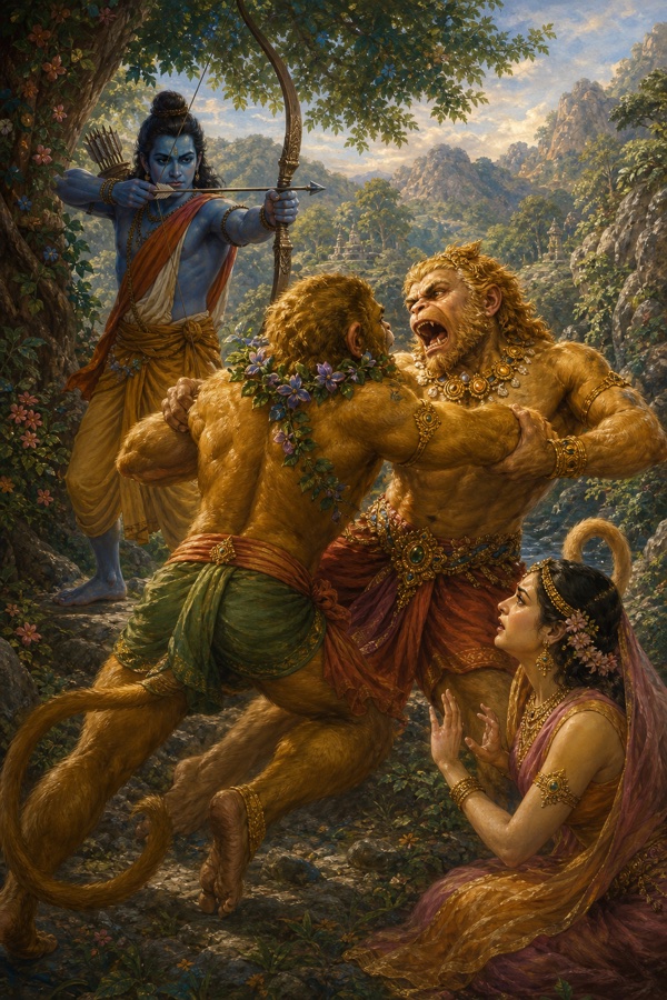 वाली और सुग्रीव घमासान द्वंद्व में गुत्थमगुत्था हैं; वृक्ष की ओट से राम बाण का संधान कर रहे हैं।