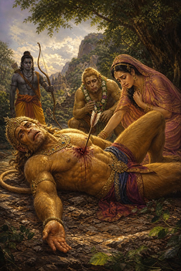बाण से बिंधे वाली के पास तारा झुकी विलाप कर रही है; राम और एक वानर शोकमग्न हैं।