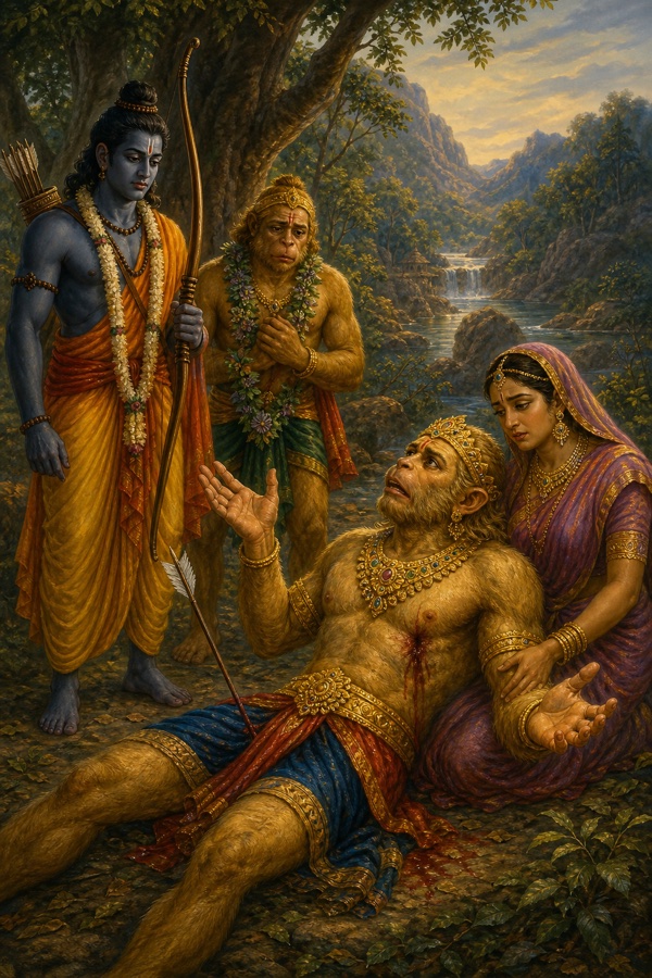 मरणासन्न वाली तारा के सहारे लेटा हाथ उठाकर राम से प्रश्न कर रहा है; एक वानर शोक में खड़ा है।