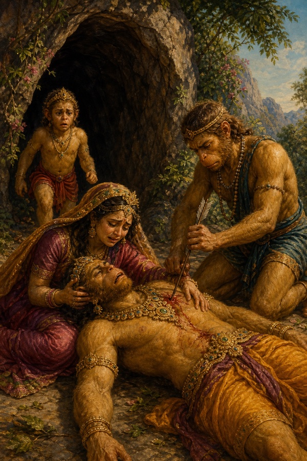 तारा मरते वाली का सिर थामे है; वानर बाण निकाल रहा है, बालक अंगद दौड़ा आता है।