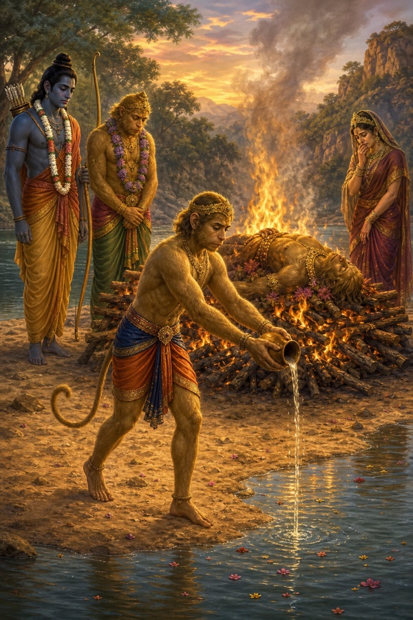 अंगद नदी-तट पर जल अर्पित कर रहा है; वाली की जलती चिता के पास राम और तारा शोकाकुल खड़े हैं।