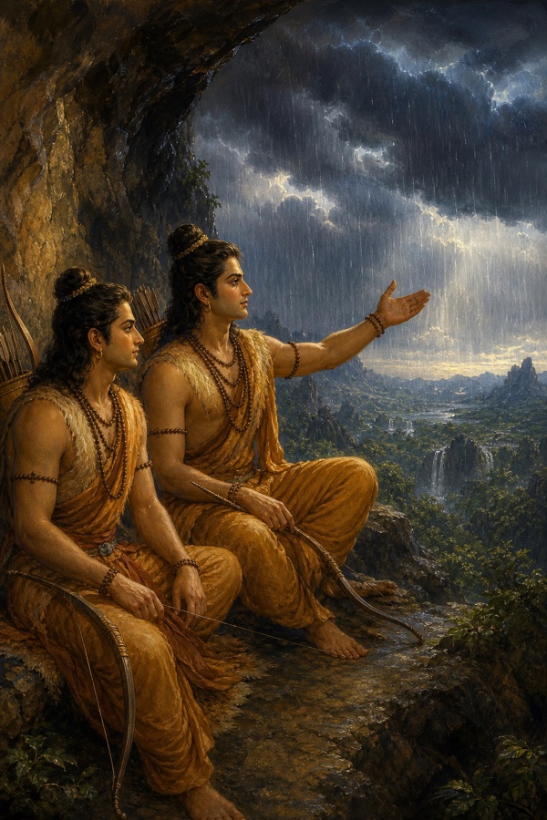 वर्षा से घिरी घाटी के ऊपर गुफा में बैठे राम हाथ बढ़ाकर बूँदें छूते हुए, पास बैठे लक्ष्मण।