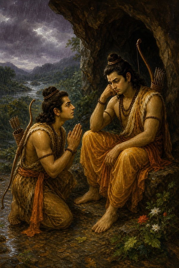 गुफा के द्वार पर उदास बैठे राम के सामने लक्ष्मण हाथ जोड़कर धैर्य बँधाते हुए।