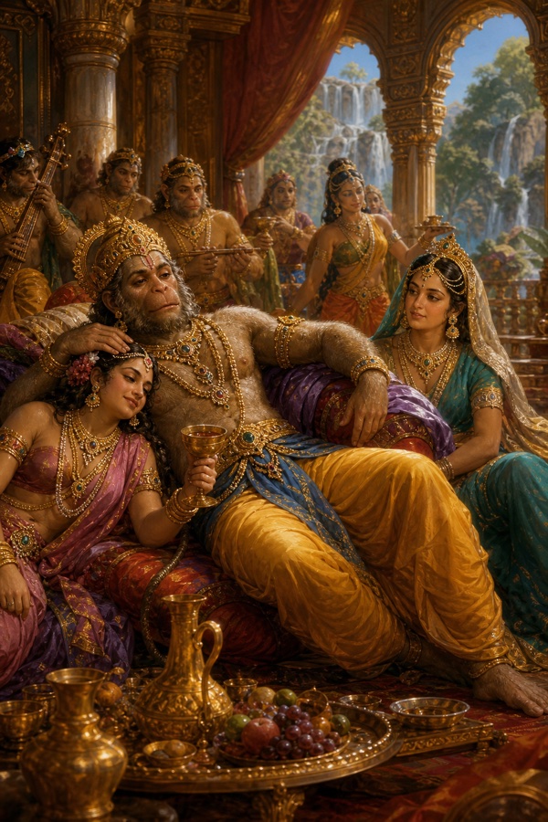 किष्किन्धा के महल में सुग्रीव मदिरा-पात्र लिए रानियों और संगीत के बीच भोग-विलास में डूबे हुए।