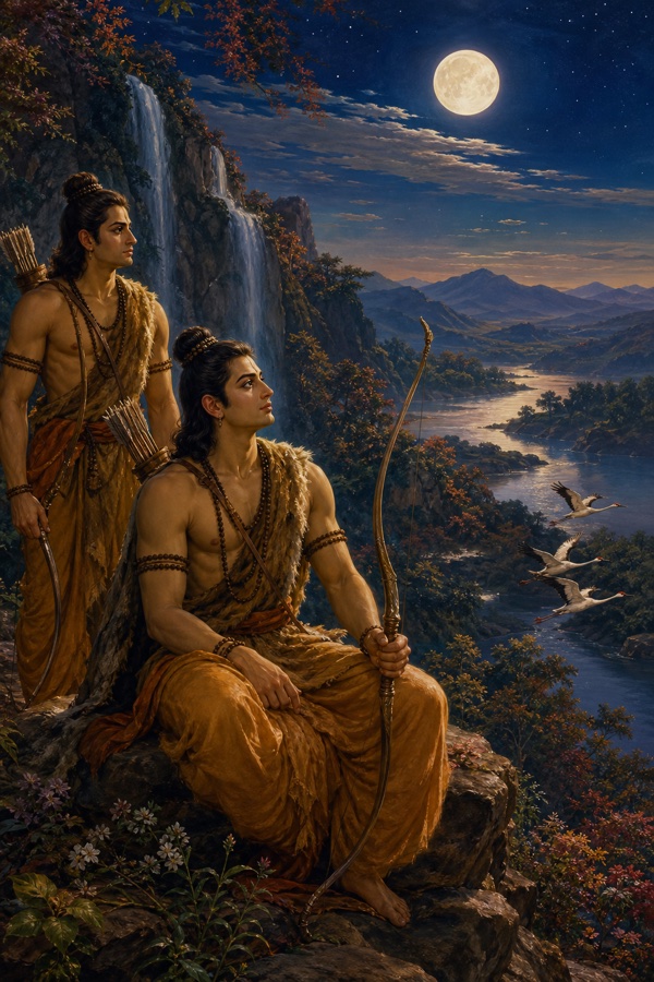 शरद की चाँदनी रात में पर्वत शिखर पर बैठे राम और खड़े लक्ष्मण उड़ते सारसों को देखते।