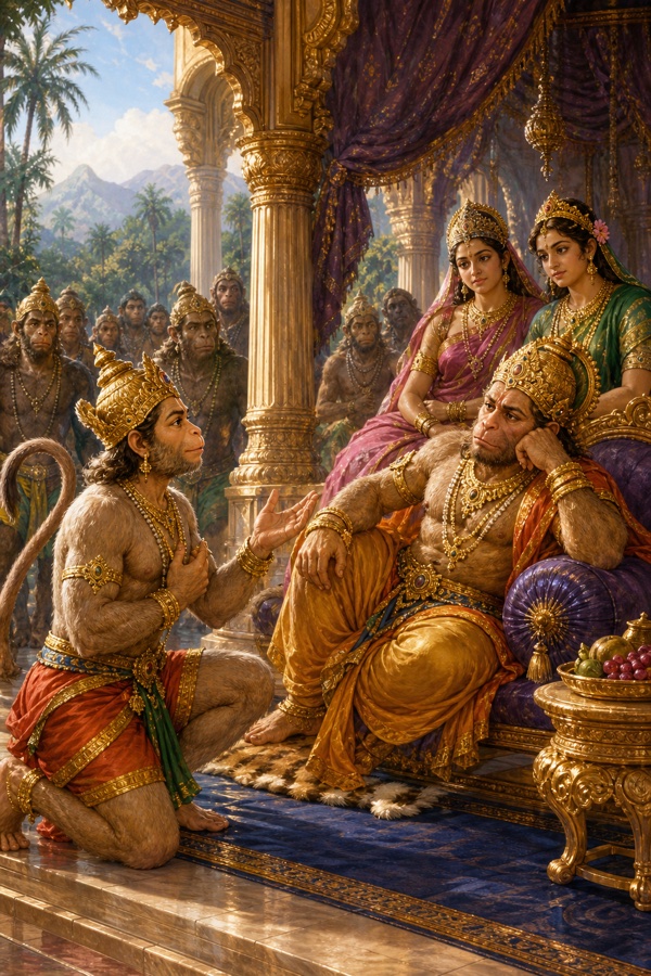 राजसभा में हनुमान घुटने टेककर सिंहासन पर बैठे सुग्रीव को राम का कार्य स्मरण कराते हुए।