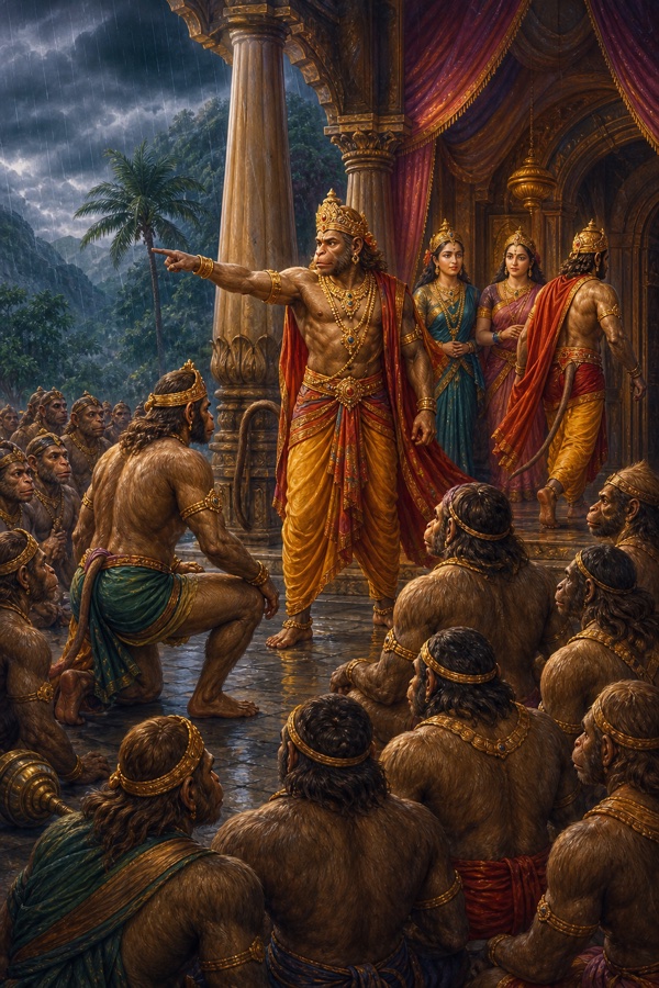 महल के द्वार पर खड़े सुग्रीव वर्षा में एकत्र वानरों को सेना जुटाने का आदेश देते हुए।