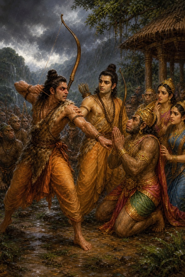 क्रोध में धनुष तानते लक्ष्मण को राम रोकते हुए; सामने वानर हाथ जोड़े क्षमा माँगता, स्त्रियाँ भयभीत।