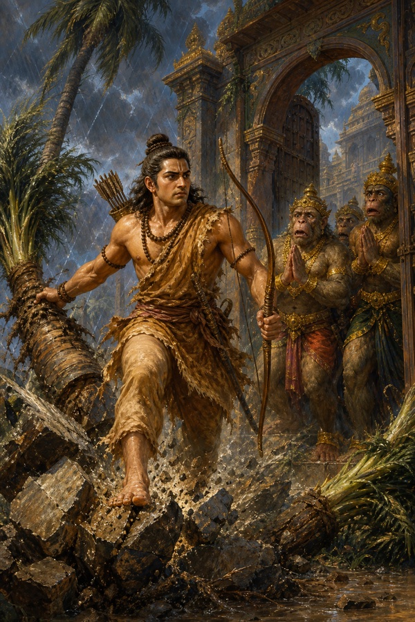 धनुष लिए क्रोधित लक्ष्मण किष्किन्धा के द्वार की चट्टानें रौंदते हुए भीतर बढ़ते; पीछे भयभीत वानर हाथ जोड़े।