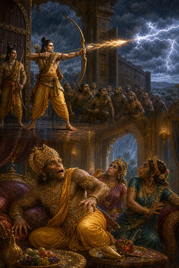 प्राचीर पर लक्ष्मण की धनुष-टंकार बिजली सी कड़कती हुई; नीचे भवन में सुग्रीव रानियों संग चौंक उठे।