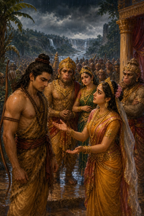 वर्षा में तारा दोनों हाथ फैलाकर लक्ष्मण से सुग्रीव के लिए क्षमा माँगती हुई; पीछे वानर सभा।