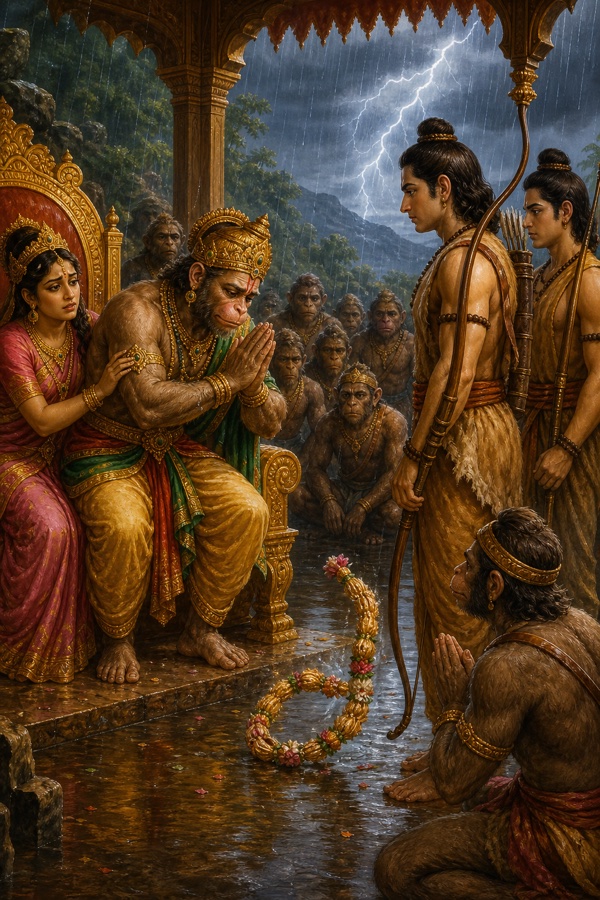 सिंहासन के पास हाथ जोड़े झुके सुग्रीव खड़े लक्ष्मण से क्षमा माँगते हुए, वर्षा में सभा मौन।
