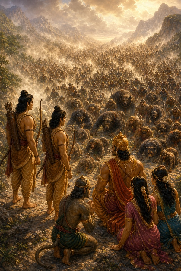 पहाड़ी घाटी में वानरों और भालुओं की विशाल सेना उमड़ती हुई; आगे राम, लक्ष्मण और सुग्रीव देखते।