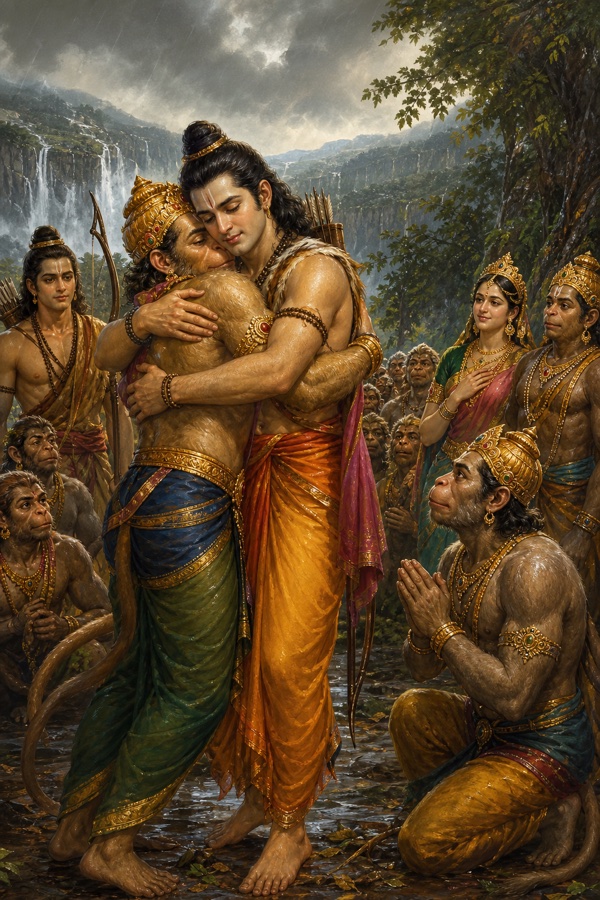 झरनों के बीच राम सुग्रीव को गले लगाते हुए; पास लक्ष्मण खड़े और हनुमान हाथ जोड़े बैठे।