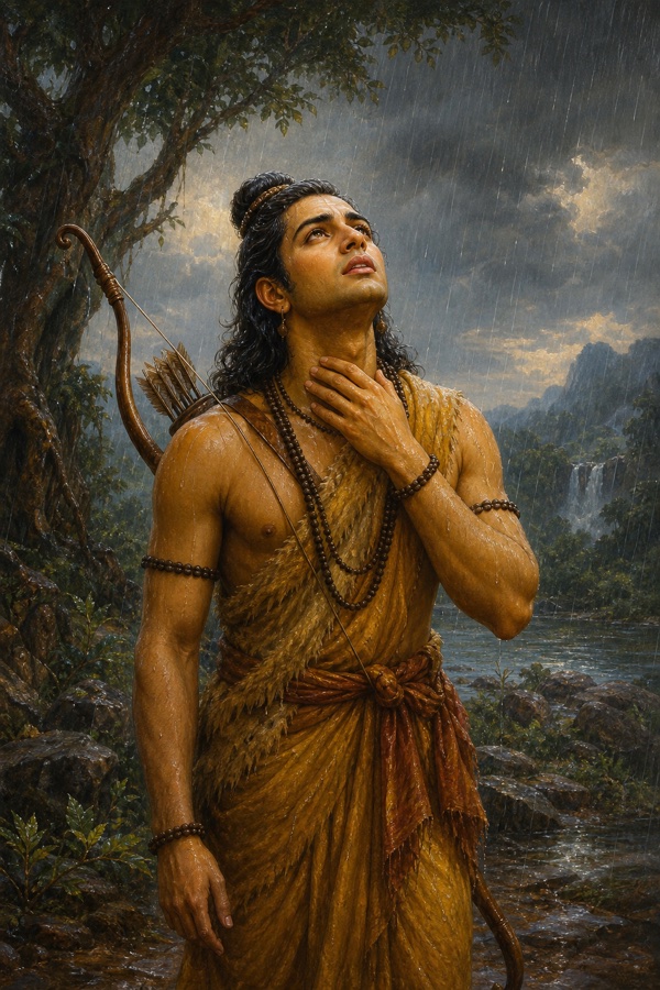 वर्षा में भीगे राम छाती पर हाथ रखे आकाश की ओर देखते हुए सीता के वियोग में व्याकुल।