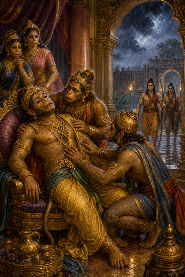 वानर अलसाए सुग्रीव को झकझोरकर जगाते हुए; पीछे वर्षा में द्वार पर धनुष लिए लक्ष्मण आते दिखते।