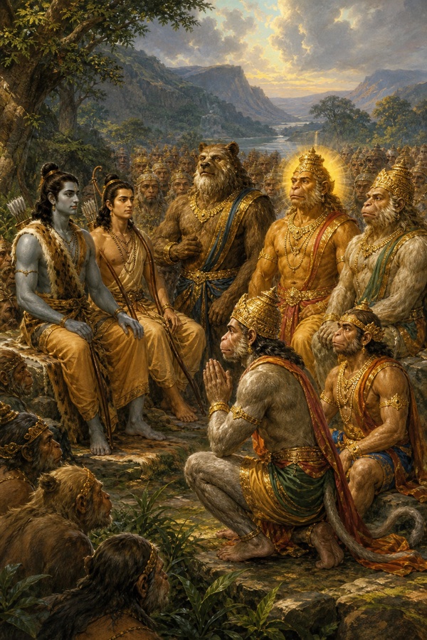 शिलाओं पर बैठे राम और लक्ष्मण की सभा में सुग्रीव, जाम्बवान और वानर यूथपति; सामने वानर हाथ जोड़े।