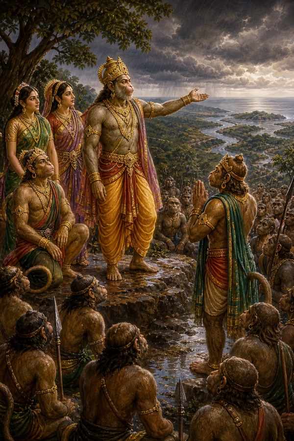 पहाड़ी से सुग्रीव दूर समुद्र-तट की ओर संकेत करते हुए वानर दलों को खोज की दिशाएँ बताते।