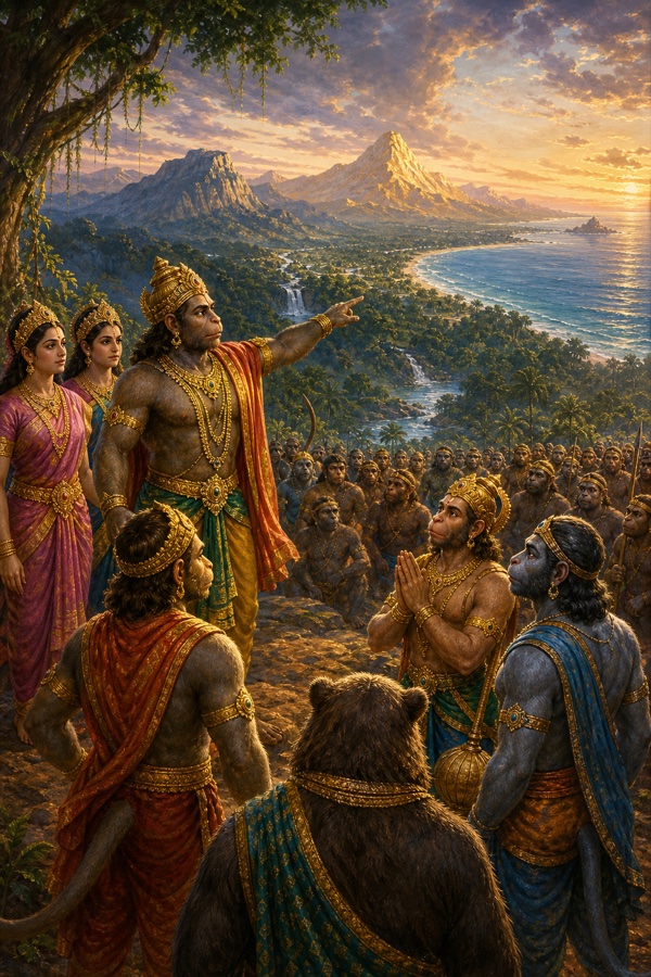 सूर्यास्त के प्रकाश में सुग्रीव समुद्र तक फैले दक्षिण प्रदेश की ओर संकेत करते; सामने वानर हाथ जोड़े।