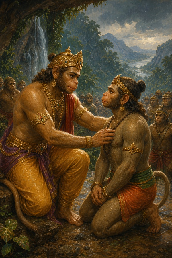 सुग्रीव घुटने टेके युवा वानर के हृदय पर हाथ रखकर खोज का दायित्व सौंपते हुए।