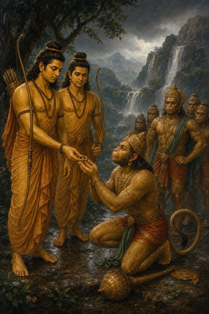राम घुटने टेके हनुमान को सीता की पहचान के लिए अपनी अँगूठी सौंपते हुए; पास लक्ष्मण खड़े।